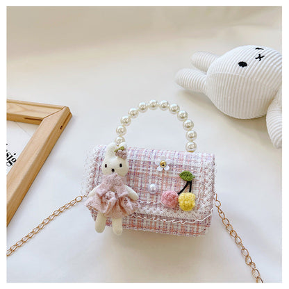 Children's pearl handbag 2024 new cotton and linen small square bag fashionable and cute girls decorative bag messenger bag 