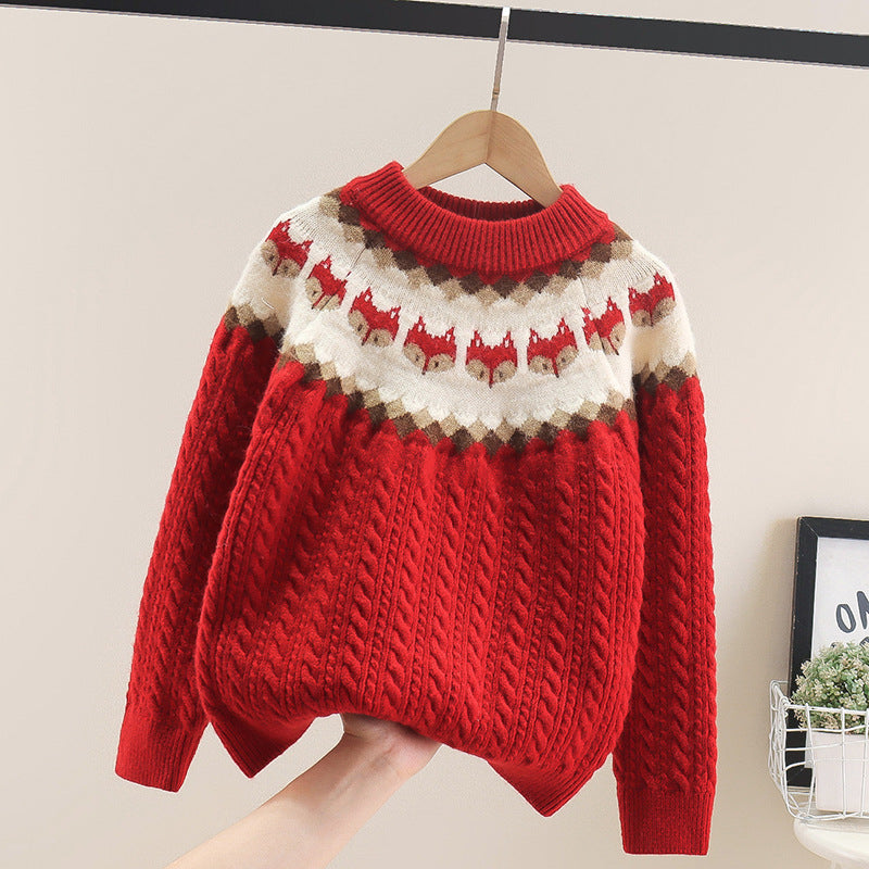 New Girls Cable Knit Sweater Retro Chunky Wool Sweater Cartoon Little Fox Head Elastic Thick Sweater