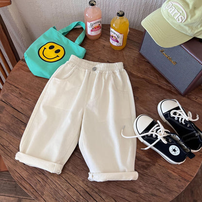 Children's clothing and pants 2024 summer new boys' solid color embroidered trendy shorts children's versatile casual cropped pants