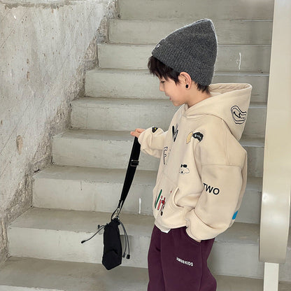 Amo Baby 2023 Winter Children's Thickened Velvet Hooded Letter Graffiti Sweater Baby Handsome Warm Jacket