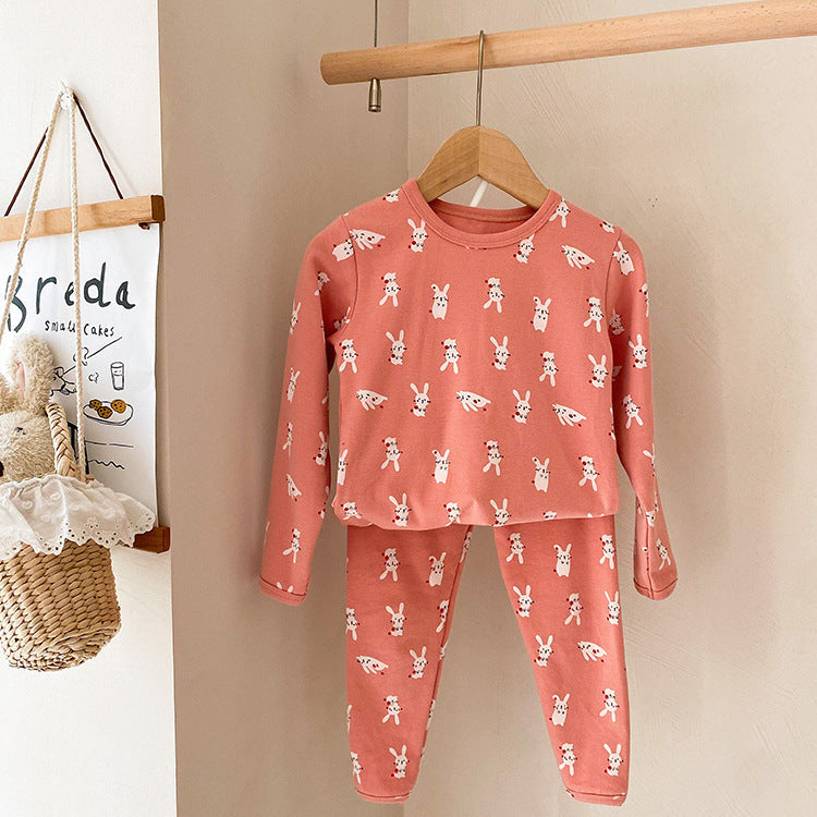 Children's autumn and winter cartoon wool pull rack home clothes baby round neck underwear boys and girls pajamas autumn clothes and pants suits trendy