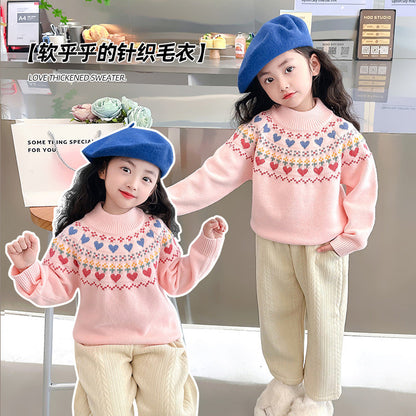 Girls winter sweater thickened love Korean style knitted pullover bottom line sweater for school wear kindergarten soft