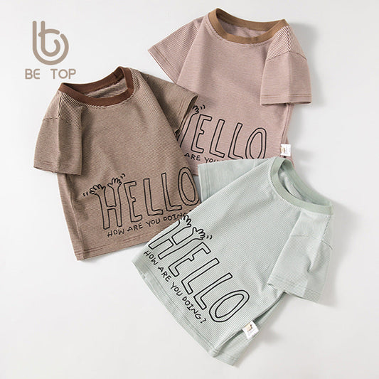 be top Korean version children's clothing letter stripes children's short-sleeved T-shirt pull-up loose style summer baby round neck half sleeve