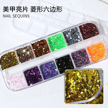 Cross-border 12-grid nail art sequins diamond hexagonal laser sequins fantasy color thin sequins nail art accessories ultra-thin diamond