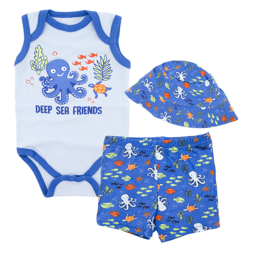 Baby suit 3 piece set 2024 summer new arrival newborn short-sleeved clothes cartoon gauze skirt baby girl suit