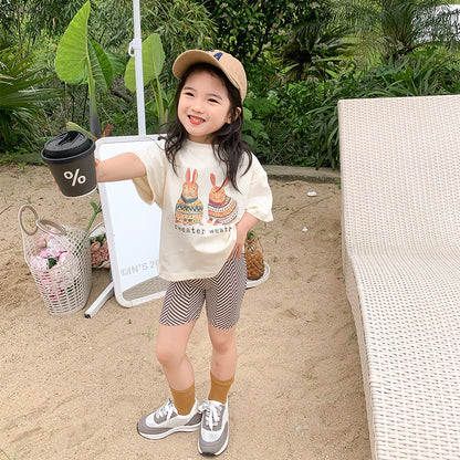 2024 Summer New Children's Fashion Five-point Cycling Pants Girls Korean Thin Striped Bottom Mid-length Pants Yoga Pants