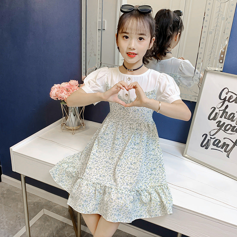 Girls dress 2024 summer new style medium and large children's floral dress pastoral style fake two-piece short-sleeved dress