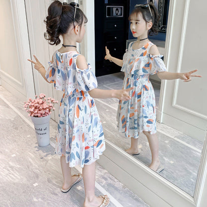 Girls dress summer 2024 new style chiffon off-shoulder dress medium and large children's Bohemian holiday dress 