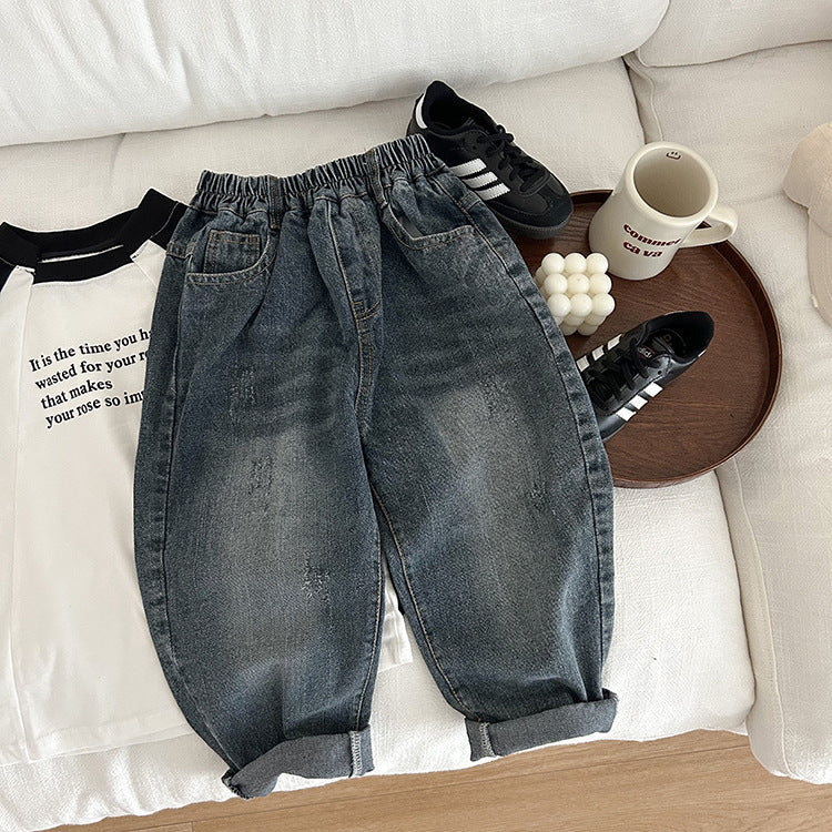 ខោប្រុស Elmo Beibei 2024 Spring Style Handsome Ripped Jeans Baby Sand Washed Cotton Handsome Carrot Pants Trendy