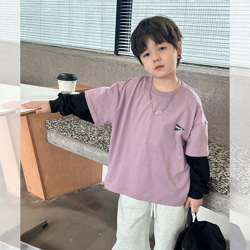 Amo Beibei children's 2024 spring tops boys' patchwork long-sleeved T-shirt baby contrast color letter mark fake two pieces