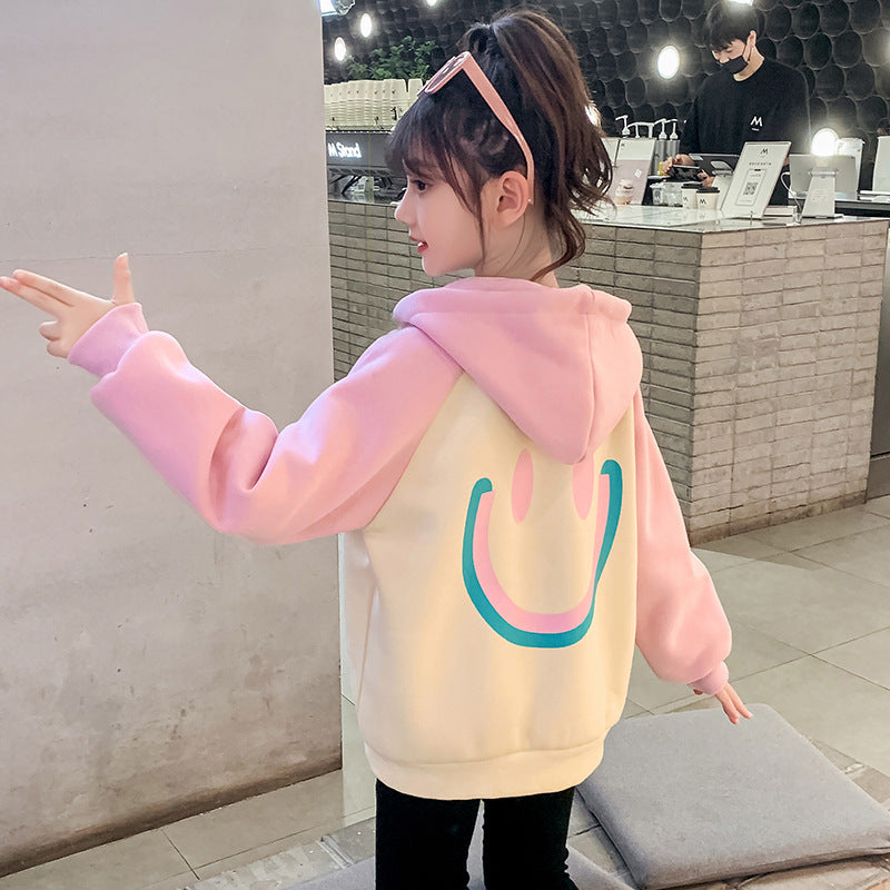 2024 autumn and winter new cardigan jacket for girls thickened double-layer hooded smiley face for middle and large children, elementary school students and kindergarten