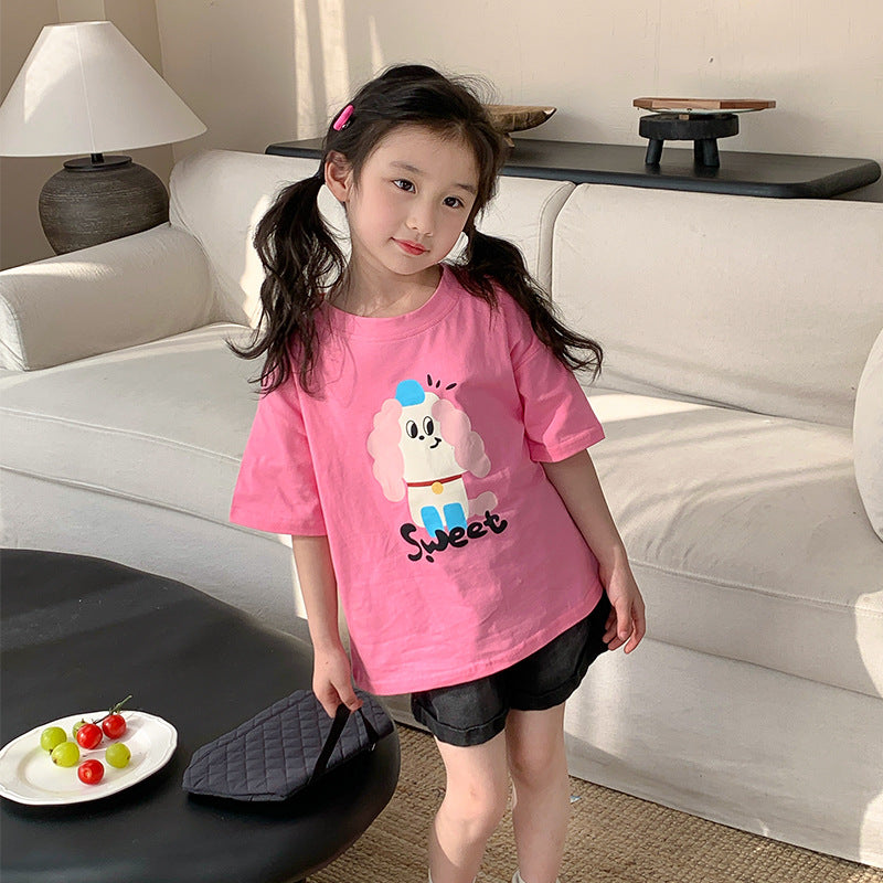 Korean children's clothing 2024 spring and summer new girls short-sleeved baby trendy cartoon dragon year printed T-shirt children's top