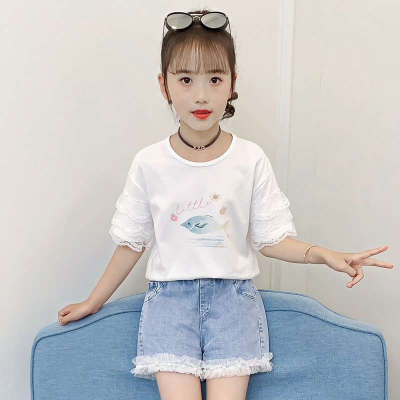 Girls short-sleeved T-shirt 2024 new summer style children's stitching lace top girl cartoon half-sleeved T-shirt