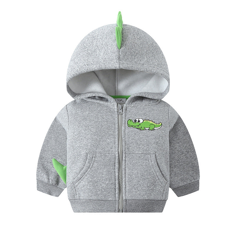 New autumn and winter children's cartoon crocodile sports hooded baby plus velvet jacket boy zipper shirt one piece