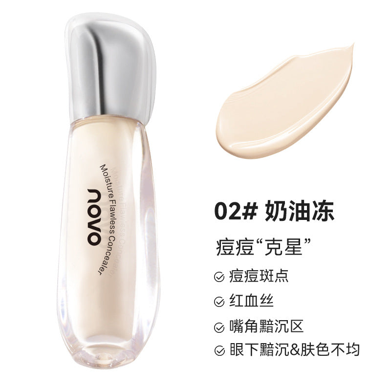 NOVO Moisturizing Flawless Concealer ជា concealer ស្រាល ផ្តល់សំណើម និងជាប់បានយូរ មិនផាត់មុខ និងបិទបាំងស្នាមអុចខ្មៅ និងស្នាមមុន។ 