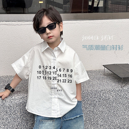 Amo Baby Boy 2024 Summer Casual Short-sleeved Lapel Top Baby Combed Cotton Letter Temperament White Shirt Trend