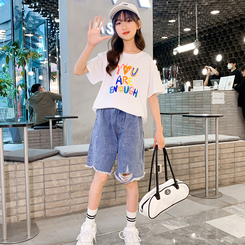 2024 Summer Girls Short-sleeved T-shirts for Middle and Large Children Loose Letter Casual Tops Trendy Children's Summer Clothes