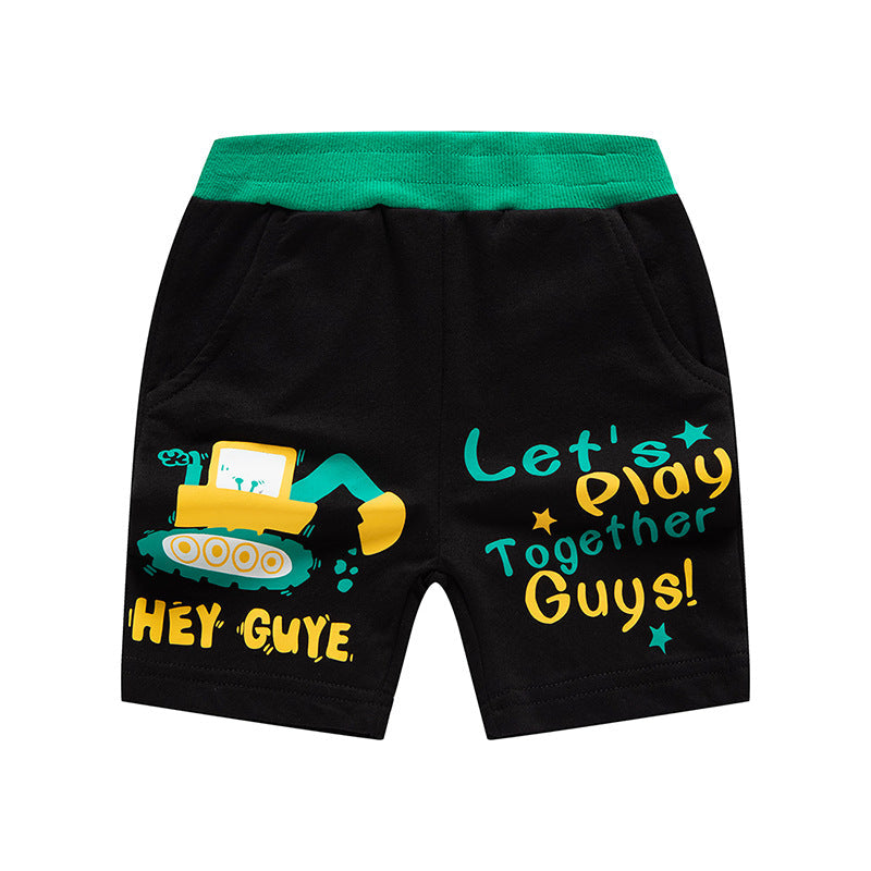 Boys shorts summer 2024 new children's baby pants shorts cartoon engineering car print children's clothing