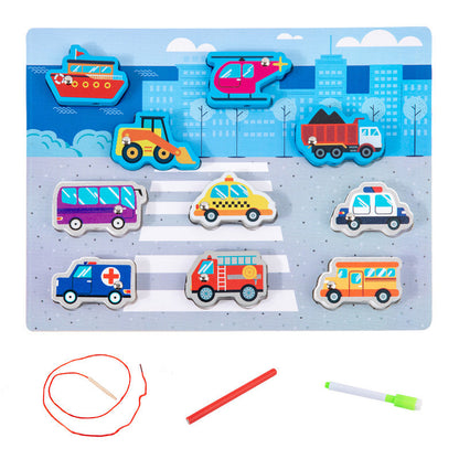 Children's wooden double-sided multifunctional pairing board threading rope drawing board children's fishing string jewelry educational toys