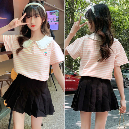 Summer Girls Short Sleeve POLO Shirt Tops Doll Collar Baseball Jacket Tennis Jacket Cotton Middle and Large Children Striped Shirt Sports