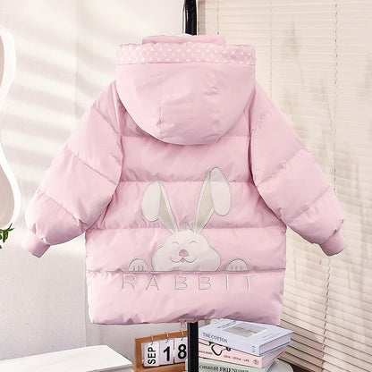 2024 new cotton-padded jacket for girls, bunny, lengthened and thickened, Korean style, cartoon, middle and large children's kindergarten