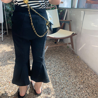 2024 summer new style girls pants small children black irregular wood ear flared pants stylish knitted trousers trend