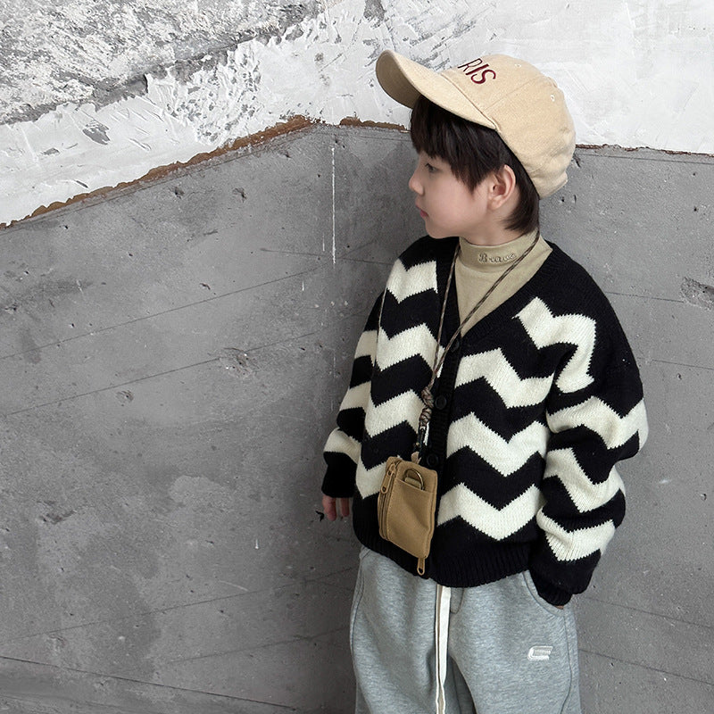 [Clearance Sale] Children's 2023 Winter Thickened Sweater Jacket Boys and Girls Black and White Striped Knitted V-Neck Cardigan