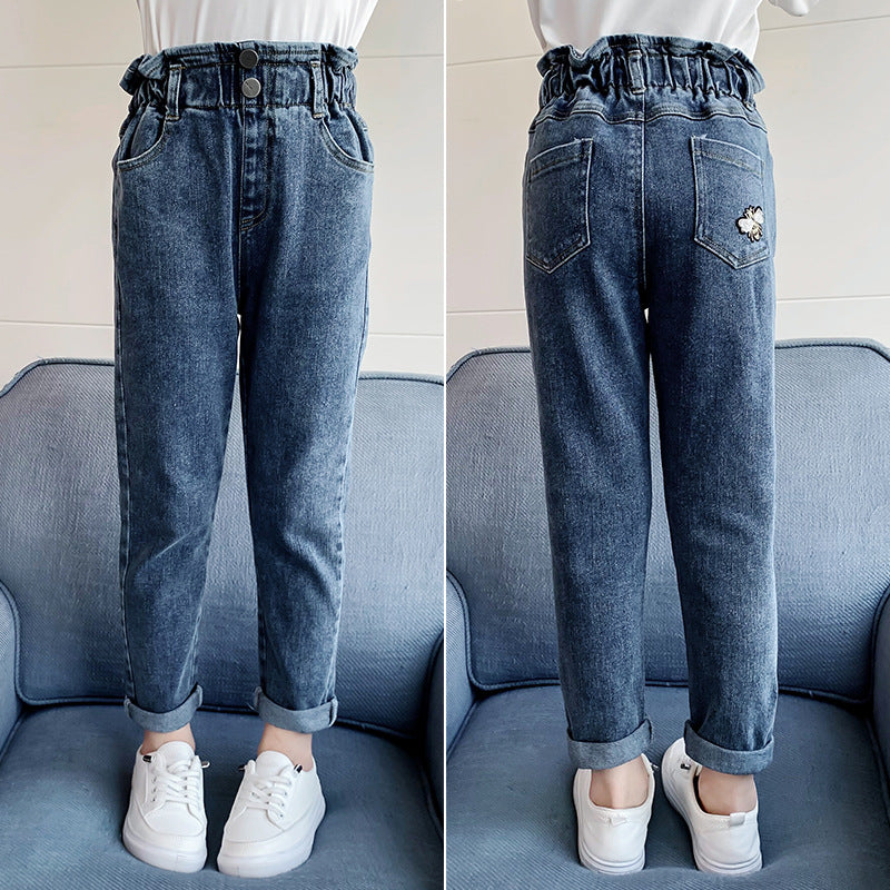 Girls jeans spring 2024 new Korean style flower bud pants slim fit medium and large children's pants trousers