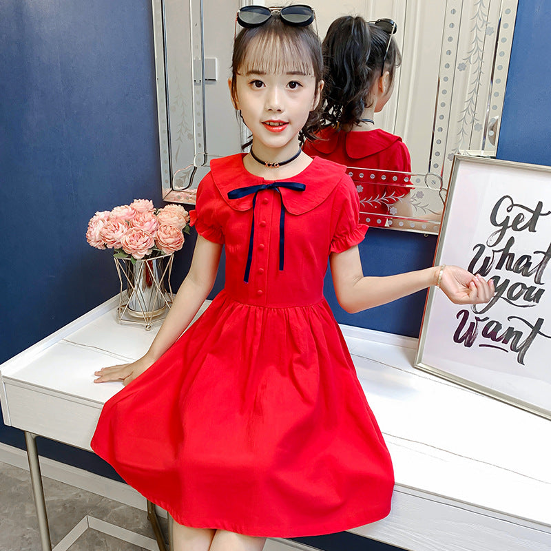 Girls short-sleeved dress summer new style solid color cotton dress pure cotton dress short-sleeved doll collar dress princess dress