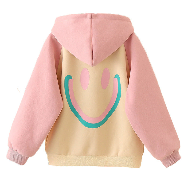 2024 autumn and winter new cardigan jacket for girls thickened double-layer hooded smiley face for middle and large children, elementary school students and kindergarten