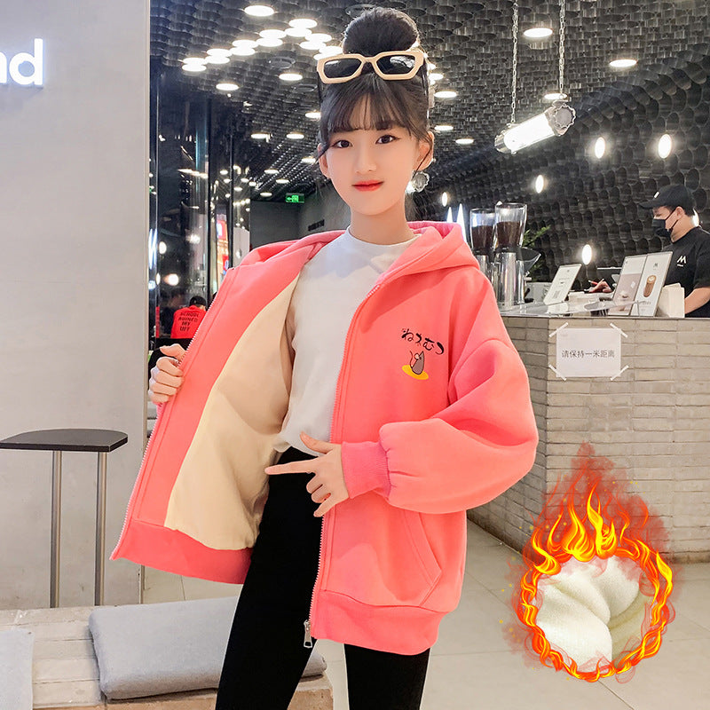 Children's winter plush and thickened coat for girls, middle and large children's cardigan, big sweater, lamb wool double-layer thick warm coat