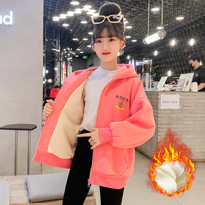 Children's winter plush and thickened coat for girls, middle and large children's cardigan, big sweater, lamb wool double-layer thick warm coat