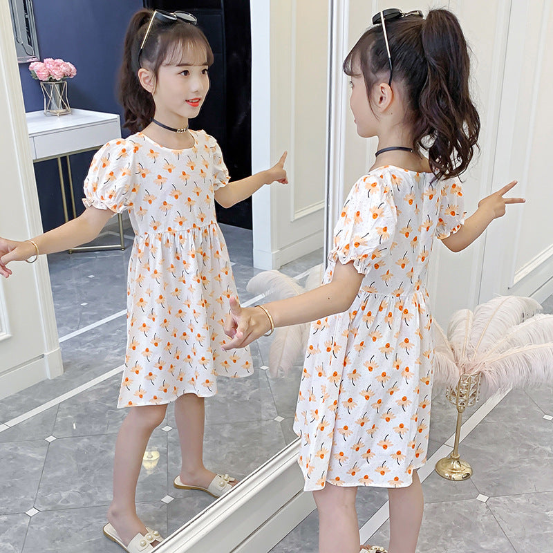 Girls dress 2024 summer new style medium and large children's short-sleeved floral dress pure cotton dress long dress sweet baby dress 