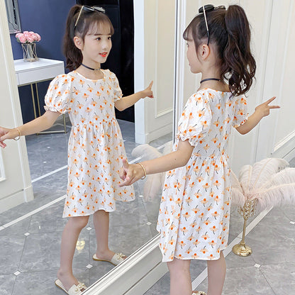 Girls dress 2024 summer new style medium and large children's short-sleeved floral dress pure cotton dress long dress sweet baby dress 