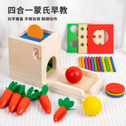 Multifunctional Montessori 4-in-1 coin box for young children to pull out carrots and insert sticks to build blocks, color matching intelligence box toys