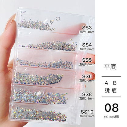 Nail jewelry wholesale 6-grid bagged rhinestones AB diamonds colored diamonds glass diamonds super flash flat bottom diamonds mixed colorful silver bottom