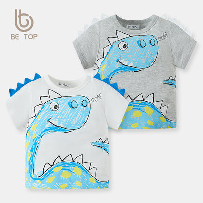 Comic Dinosaur Summer Clothes Children Boys Baby Korean Style Tops Short Sleeve T-Shirt Cotton Pure Children Clothing Wholesale Dropshipping