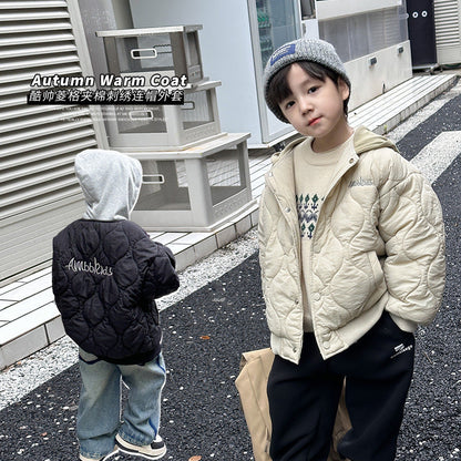 Amo Baby Children's 2023 Autumn and Winter Warm Embroidered Cotton Jacket Boys and Girls Baby Spliced Hooded Quilted Baseball Jacket