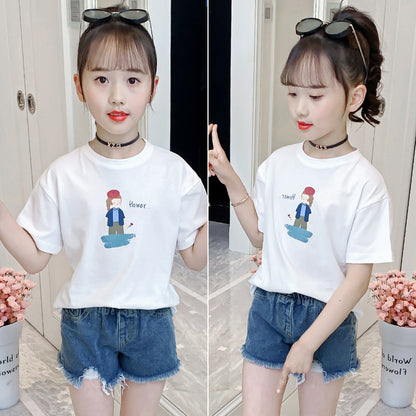 Girls short-sleeved T-shirt 2024 summer new style for middle and large children cartoon print round neck T-shirt sports cotton T top