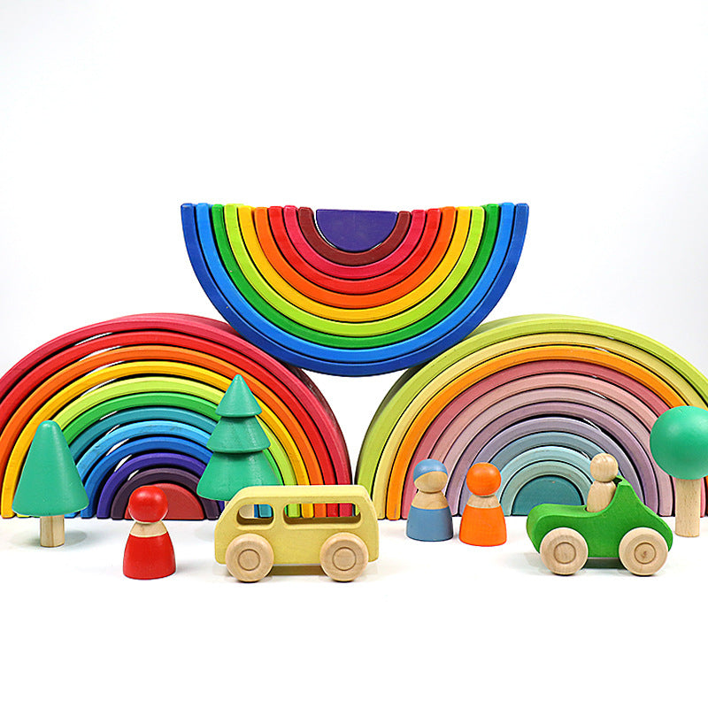 Children's wooden large rainbow building blocks stacking puzzle creative stacking high ornaments baby early education fun toys