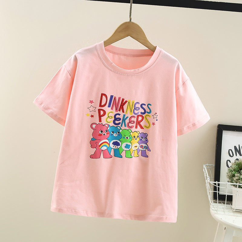 Children's Girls Summer Short-sleeved Tops Cotton T Cartoon Print Loose Elastic Fat Student Big Kids Large Edition