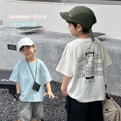 Amo Beibei children's 2024 summer all-match loose tops for boys and girls cute letters cartoon comfortable short-sleeved T-shirt