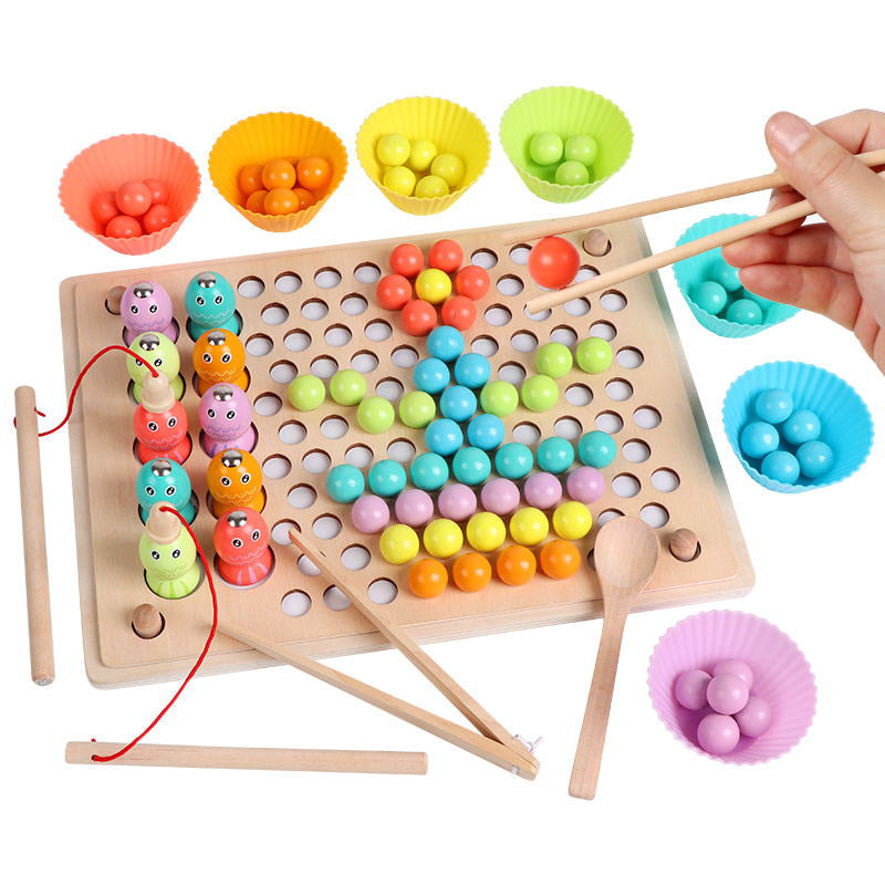 Children's wooden concentration thinking training 13-in-1 bead clamp chopsticks fishing memory chess educational toys