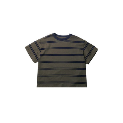 Elmo Beibei Children's Cotton Color Striped Tops 2024 Summer Boys' Contrast Color Contrast Color Versatile Striped Label អាវយឺតដៃខ្លី