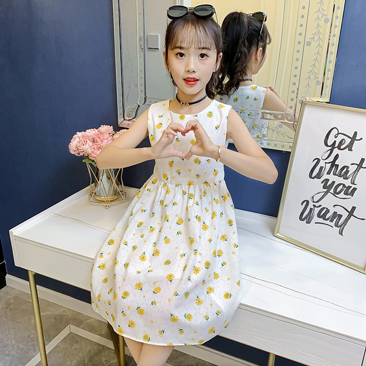 Girls dress 2024 summer new children's stylish printed cotton skirt little girl sleeveless cartoon vest skirt