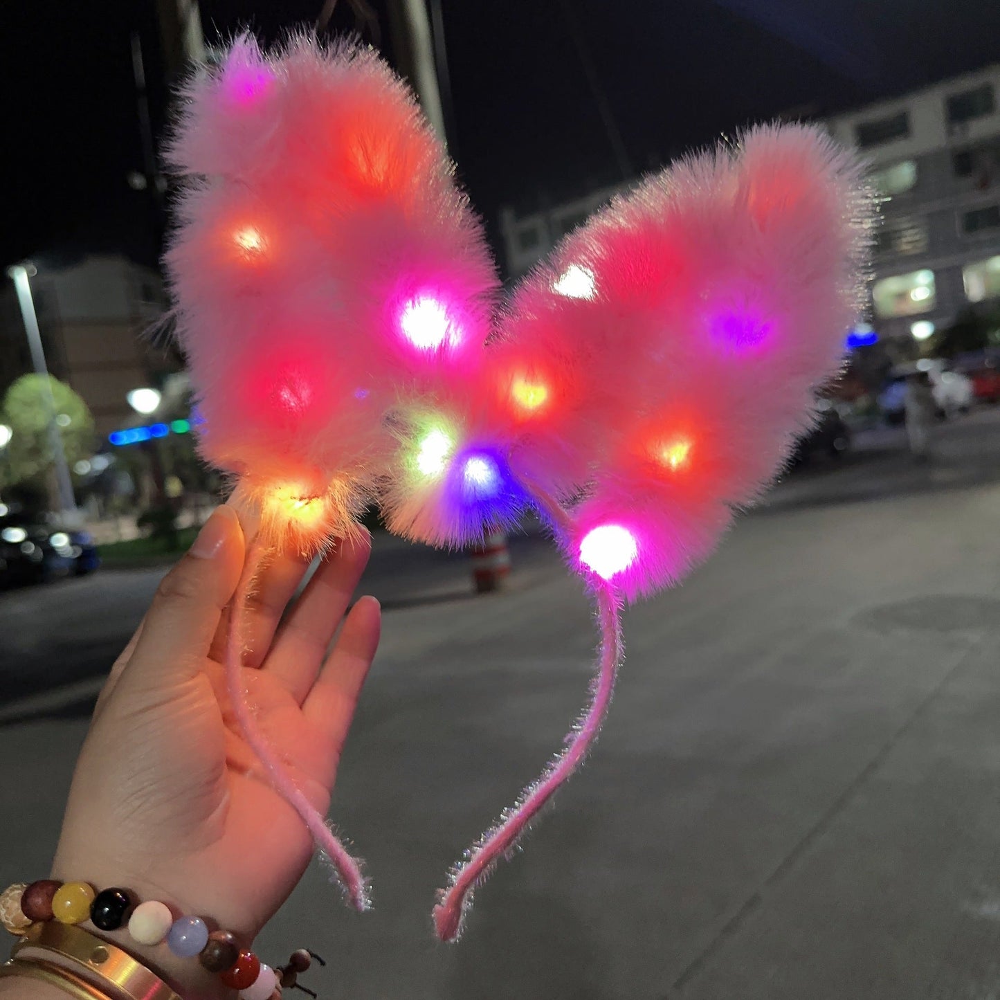 New 14-light feather rabbit ear headband furry rabbit headband flash headdress fairy luminous hairpin stall toy