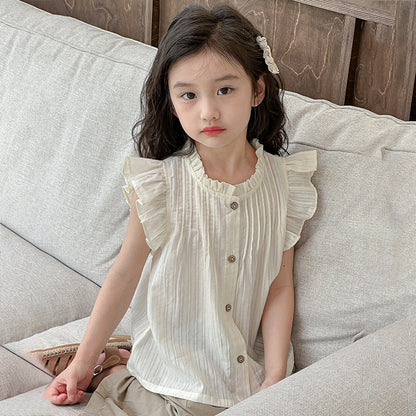 Girls summer cotton short-sleeved shirt tops pure cotton white striped blouse Korean style fragrant French style celebrity children