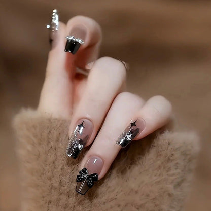 Manicure wear finished product wholesale black star diamond chain bow medium and long nail piece detachable nail patch