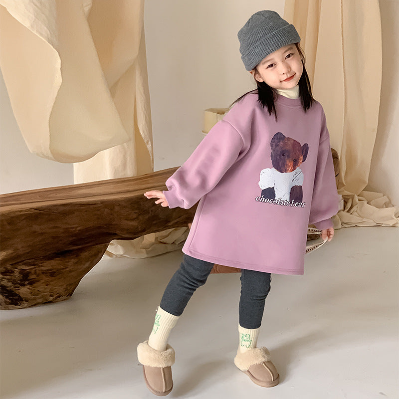 Korean children's clothing 2023 winter new children's velvet thickened sweater dress girls purple bear mid-length sweater