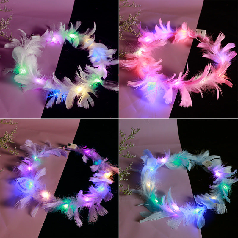 2021 new fairy luminous feather wreath angel goose feather wreath scenic area stall women's flash headdress batch